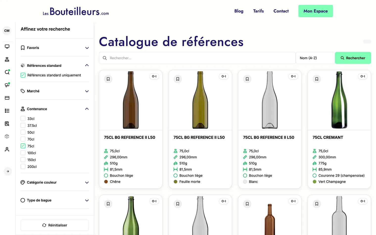 Catalogue des références filtré sur les références standard du réseau Vrac et Réemploi, en 75 cl