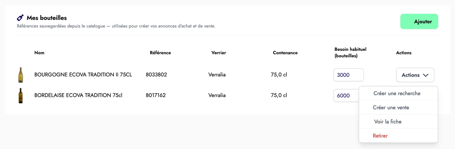 Page Mes bouteilles : liste des bouteilles, besoin habituel, et menu Actions ouvert sur Créer une recherche