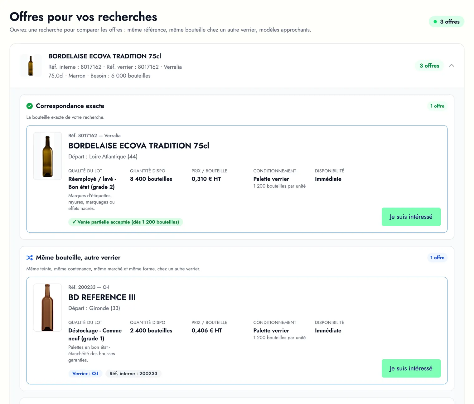 Page Offres disponibles : correspondance exacte puis même bouteille chez un autre verrier