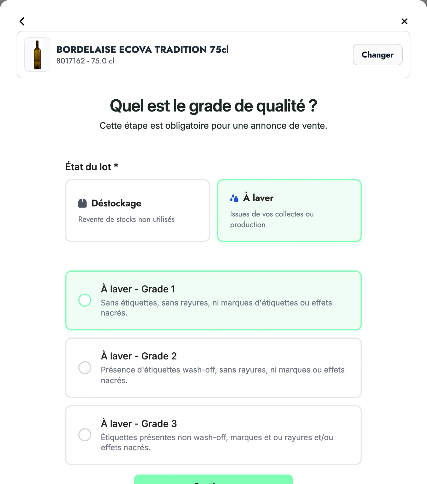 Fenêtre de publication d'une vente : lot en déstockage ou à laver, puis grade de qualité